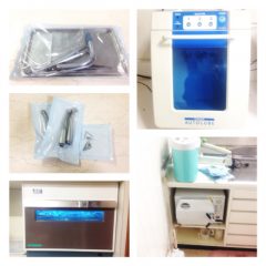 オートクレープ、ハンドピース自動注油機、滅菌パック ハンドピース、タービン等の治療器具は滅菌し、治療器具は患者様一人ひとり滅菌パックすることで、感染を防止しています・